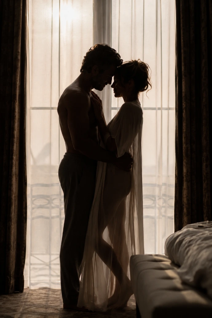 Koppel silhouet bij raam, intieme boudoir fotografie – Charlène Fotografie