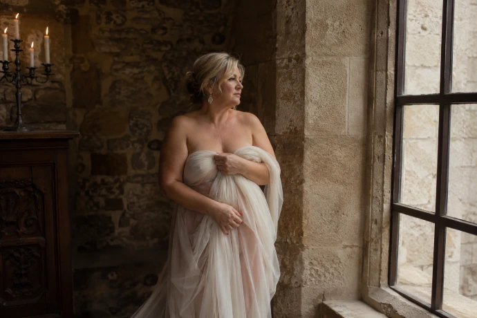 Vrouw in tule doek bij kaarslicht in kasteel – romantische boudoir fotoshoot
