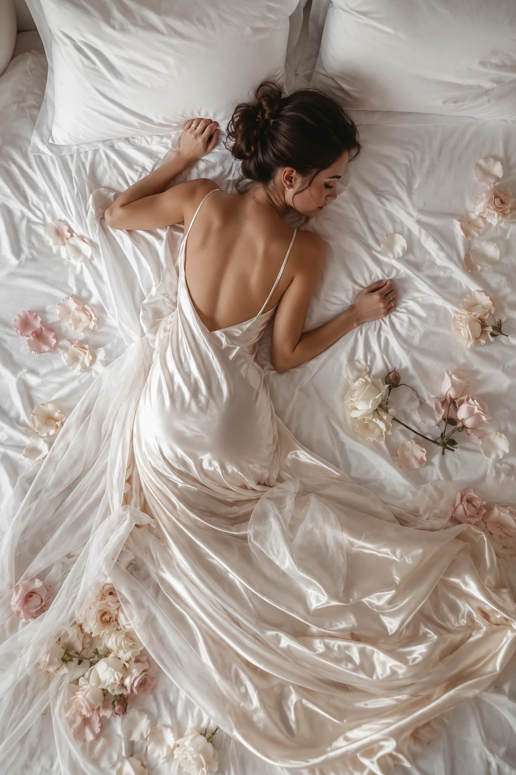 Vrouw in satijnen jurk op bed met rozen – romantische boudoir fotografie Nederland
