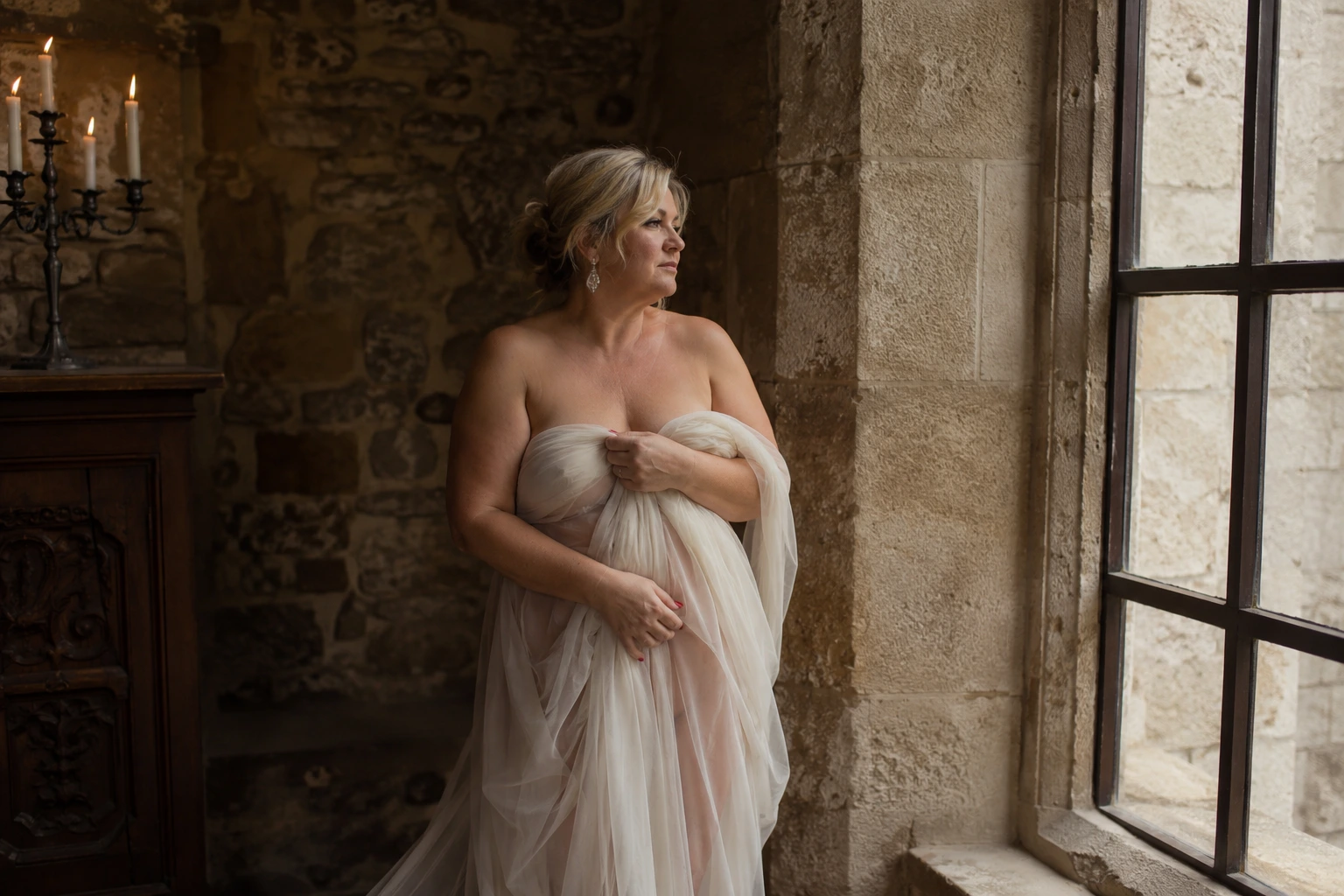 Vrouw in tule doek bij kaarslicht kasteel – sprookjesachtige boudoir fotografie